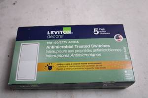lot 340 image: Pack of 5 Leviton Decora Antimicrobial Treated Switches