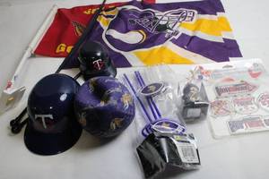 lot 28 image: Minnesota Vikings and Twins Fan Collection with Hats, Flags, and Ornaments