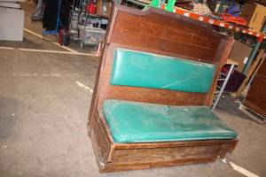 lot 61 image: Vintage Wooden Church Pew with Green Upholstery