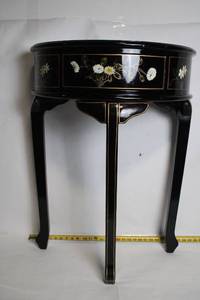 lot 68 image: Antique Black Floral Accent Table with Single Drawer