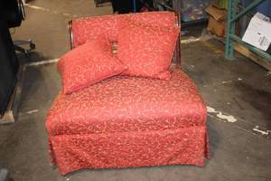 lot 92 image: Antique Red Upholstered Chair with Ornate Wooden Frame and Cushions