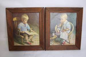 lot 111 image: Set of 2 Vintage Framed Prints of Children Reading and Relaxing