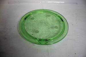 Vintage Green Depression Glass Cake Stand with Floral Design