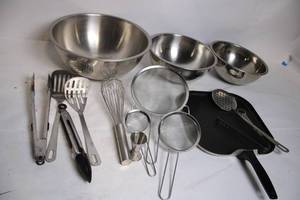 lot 136 image: Stainless Steel Kitchenware Set with Utensils and Frying Pan