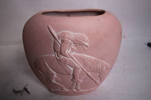 lot 153 image: Unique Vintage Pink Ceramic Vase with Embossed Horse and Rider