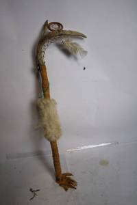 lot 158 image: Handcrafted Native American Style Walking Stick with Feather and Fur Accents