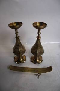 lot 164 image: Pair of Antique Brass Candlesticks with Ornate Design