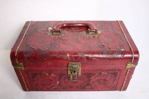 lot 168 image: Vintage Red Leather Embossed Floral Design Trunk