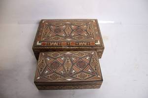 lot 173 image: Set of 2 Handcrafted Wooden Inlay JewelryCraft Boxes with Intricate Designs