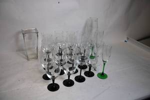 lot 183 image: Assorted Glassware Set with Black and Green Stems