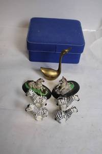 lot 191 image: Set of Zebra Figurines, Brass Swan, and Blue Storage Box