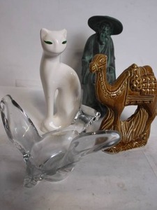 lot 199 image: Collection of Assorted Decorative Figures Cat, Camel, Man with Hat, and Glass Dish