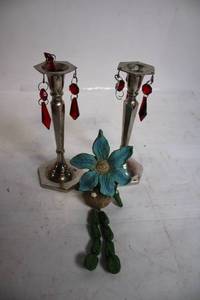 lot 200 image: Set of 2 Silver-Plated Candle Holders with Red Crystal Accents