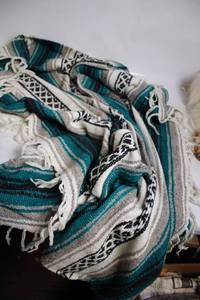 lot 203 image: Large Mexican Serape Blanket with Fringed Edges