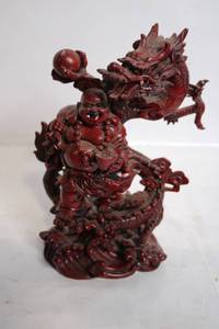 lot A-213 image: Chinese Red Resin Statue of Laughing Buddha and Dragon