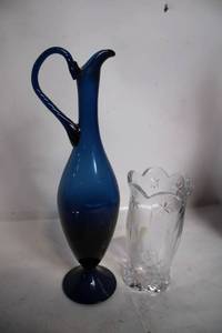 lot 214 image: Duo of Elegant Blue Glass Jug and Clear Cut Glass Vase