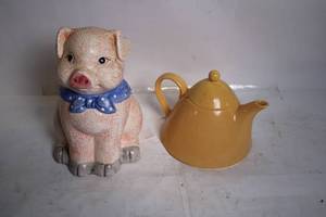 lot 219 image: Decorative Pig-Shaped Cookie Jar and Yellow Ceramic Teapot