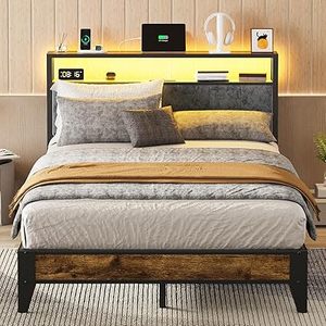lot B-19-BL image: Full Bed Frame with Headboard, Metal Platform Bed Full Size with 2-Tier Storage, LED Light & Charging Station Type C