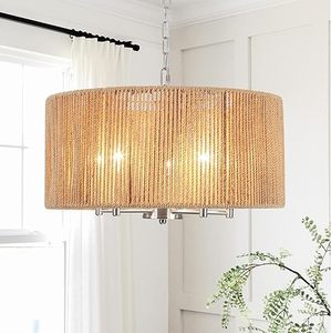 lot L-210-OR image: Boho Large Rattan Chandelier5-Lights Woven Pendant Light Fixture19 Dining Room Light Fixture Farmhouse Nickel Vintage Chandeliers Hanging Light for Living Room Kitchen Entryway Hallway Foyer
