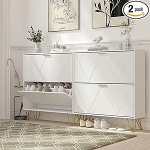 lot L-482-OR image: Set Shoe Cabinet with 4 Flip Drawers, White Shoe Storage Cabinet, Slim Wooden Freestanding Shoe Rack, Shoe Organizer with Fluted Panel for Entryway Hallway
