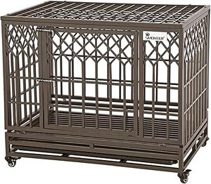 lot P-275-OR image: Heavy Duty Dog Crate Strong Metal Pet Kennel Playpen with Two Prevent Escape Lock, Large Dogs Cage with Wheels, Y Shape, Brown (Strengthen-38INCH, Brown)