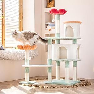 lot P-343-BL image: HYABi 56.3in Flower Design Cat Tree, Foldable Multi-Level Tower for Large Cats, Space-Saving Cat Furniture with Scratching Posts, Plush Condo for Indoor Cats
