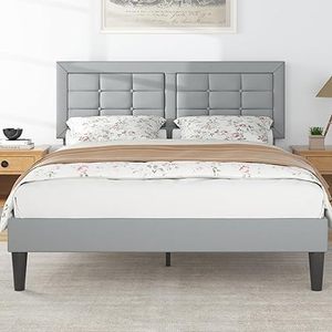 Queen Size Bed Frame with Adjustable Headboard, Upholstered Button Tufted Platform Bedframe with Wood Slats Support, No Box Spring Needed, Light Grey