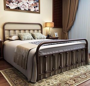 lot B-51-BL image: Metal Bed Frame Full Size Headboard and Footboard with Mattress Foundation,The Vintage Style Iron Double Bed The Metal Structure,Rustic Brown