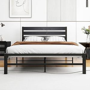 lot B-57-BL image: Full Metal Platform Bed Frame with Rustic Vintage Wooden Headboard, Mattress Foundation, No Box Spring NeededNoise-FreeEasy Assembly, Black