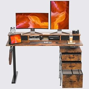 lot O-85-BL image: 55 Electric Standing Desk with Cabinet & Drawers, Height Adjustable Sit Stand Table with Monitor Shelf, Smart Home Office Standing Computer Desk, Rustic Brown