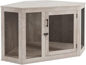 lot L-201-BL image: unipaws Furniture Style Corner Dog Crate for Small Medium Dogs, Indoor Aesthetic Puppy Kennel TV Stand, Modern Decorative Wood Pet House Dog Cage, Pretty Cute End Side Table Nightstand, Grey