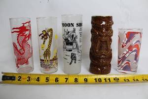lot 13 image: Set of 5 Vintage Collectible Glasses with Unique Designs