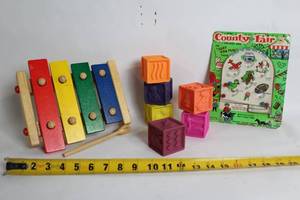 lot 22 image: Vintage Toy Collection Wooden Xylophone, Soft Blocks and County Fair Game