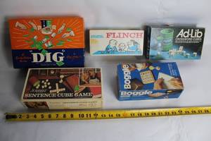 lot 24 image: Assorted Vintage Board and Card Game Collection - DIG, Flinch, Ad-Lib, Boggle, Sentence Cube