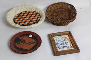 lot 48 image: Collection of Decorative Plates, Basket, and Framed Cross-Stitch