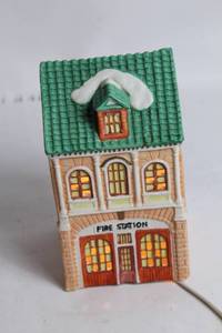 lot 100 image: Ceramic Fire Station Light-Up Building Decor