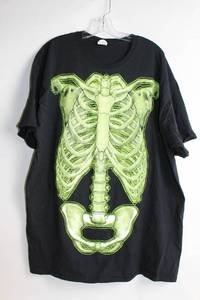 lot 136 image: 2XL Black T-Shirt with Neon Green Skeleton Ribcage Design