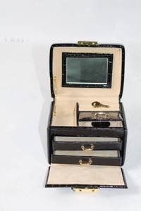 lot 147 image: Black Crocodile Pattern Jewelry Box with Mirror and Drawers