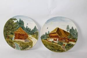 lot 171 image: Pair of Hand-Painted Porcelain Wall Plates with Rustic Cottage Theme