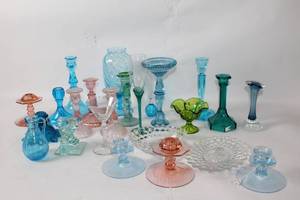 Collection of Vintage Glass Candlesticks and Vases in Various Colors