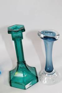 Collection of Vintage Glass Candlesticks and Vases in Various Colors