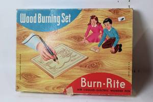 lot 183 image: Vintage Burn Rite Wood Burning Set with Electric Pen and Instructions