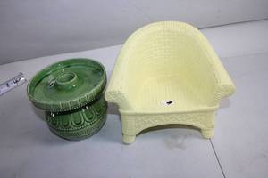lot 242 image: Decorative Yellow Wicker Look Chair and Green Ceramic Pot