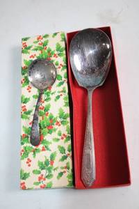 lot 249 image: Vintage Silver-Plated Serving Spoon and Sugar Spoon Set in Decorative Box