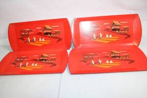 lot 258 image: Set of 4 Vintage Japanese Lacquered Trays with Scenic Design