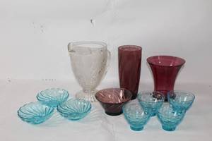lot 297 image: Collection of Decorative Glassware Including Vases, Bowls, and Pitcher