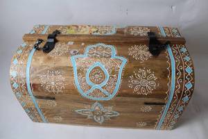 lot 341 image: Handcrafted Wooden Trunk with Intricate White and Blue Design