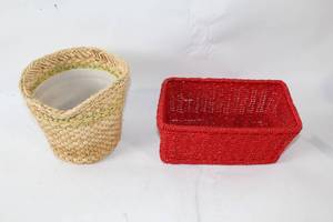 lot 409 image: Set of 2 Woven Baskets - Red Rectangular and Natural Round with Plastic Insert