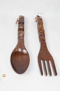 lot 434 image: Carved Wooden Decorative Spoon and Fork Set