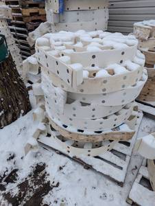lot 99 image: Full Pallet of Large Rolls of Conveyor Belt with Poly Bins Attached.  Various Size Belts and Bins